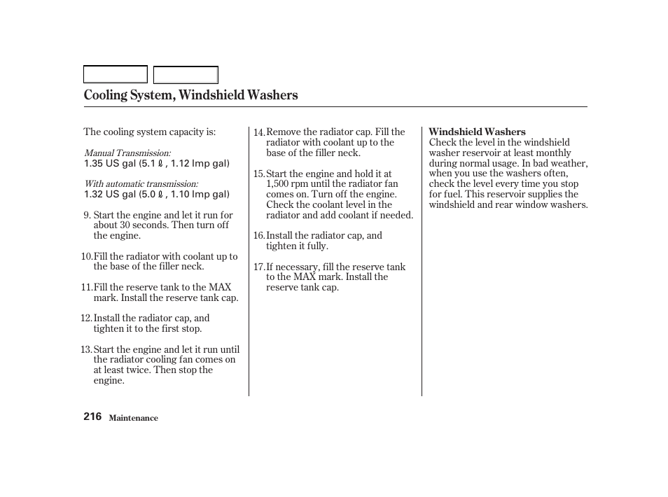 Cooling system, windshield washers | Acura 2002 RSX - Owner's Manual User Manual | Page 219 / 320