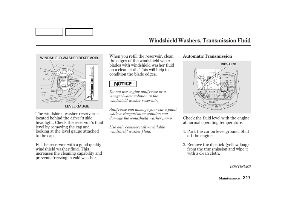 Windshield washers, transmission fluid | Acura 2002 RSX - Owner's Manual User Manual | Page 220 / 320
