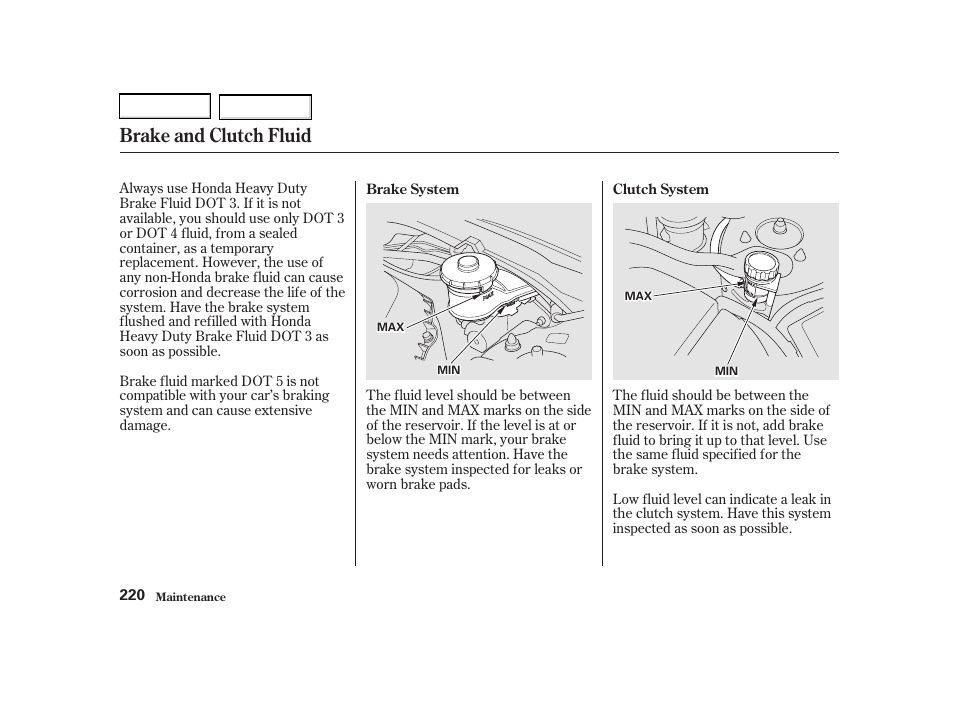 Brake and clutch fluid | Acura 2002 RSX - Owner's Manual User Manual | Page 223 / 320