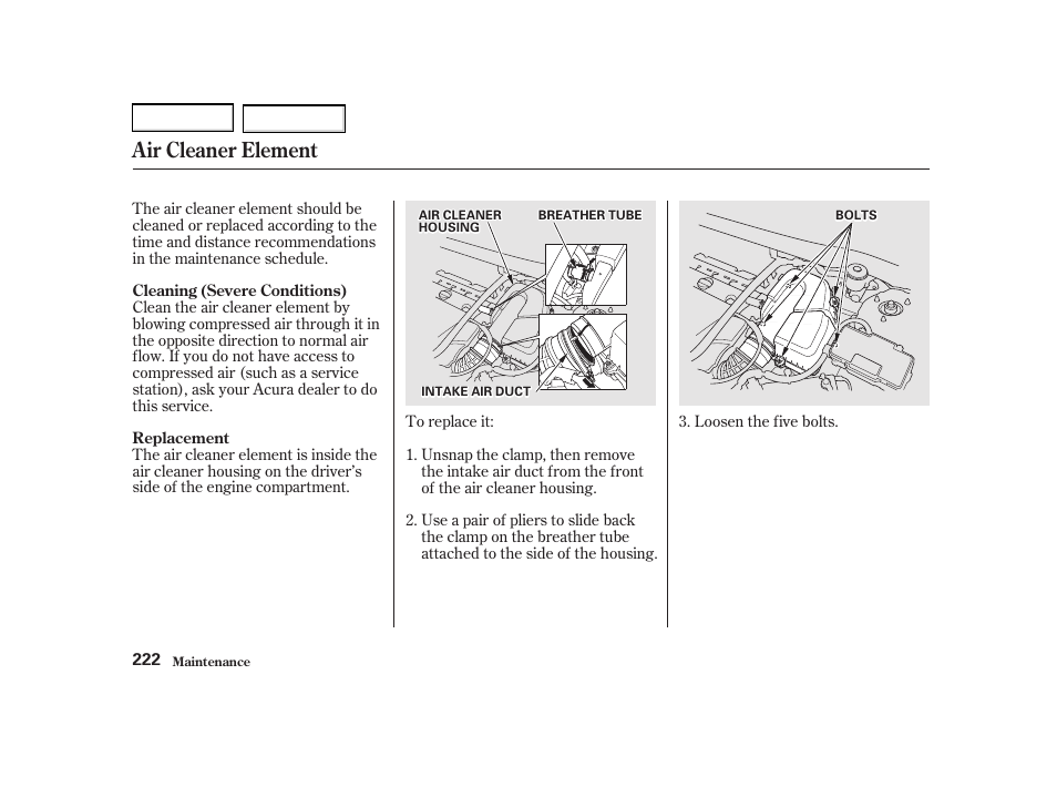 Air cleaner element | Acura 2002 RSX - Owner's Manual User Manual | Page 225 / 320