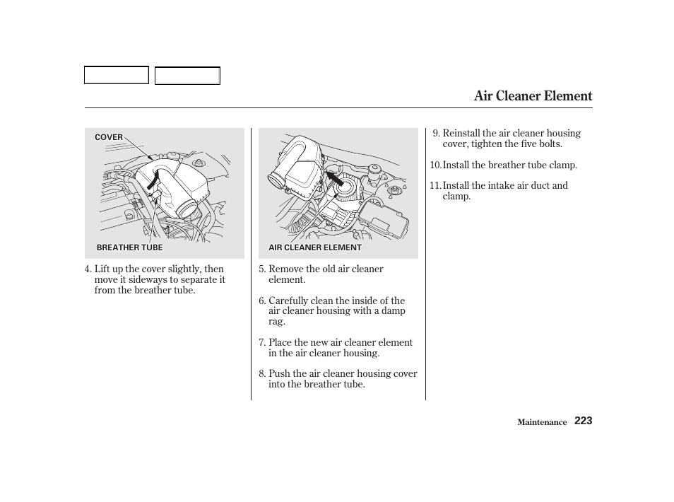 Air cleaner element | Acura 2002 RSX - Owner's Manual User Manual | Page 226 / 320