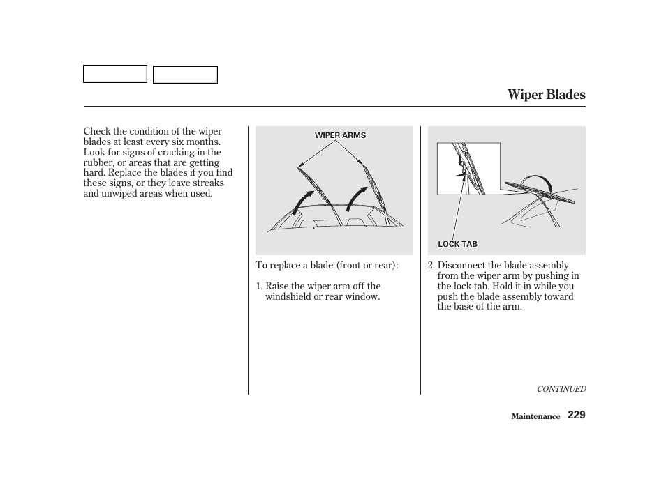Wiper blades | Acura 2002 RSX - Owner's Manual User Manual | Page 232 / 320
