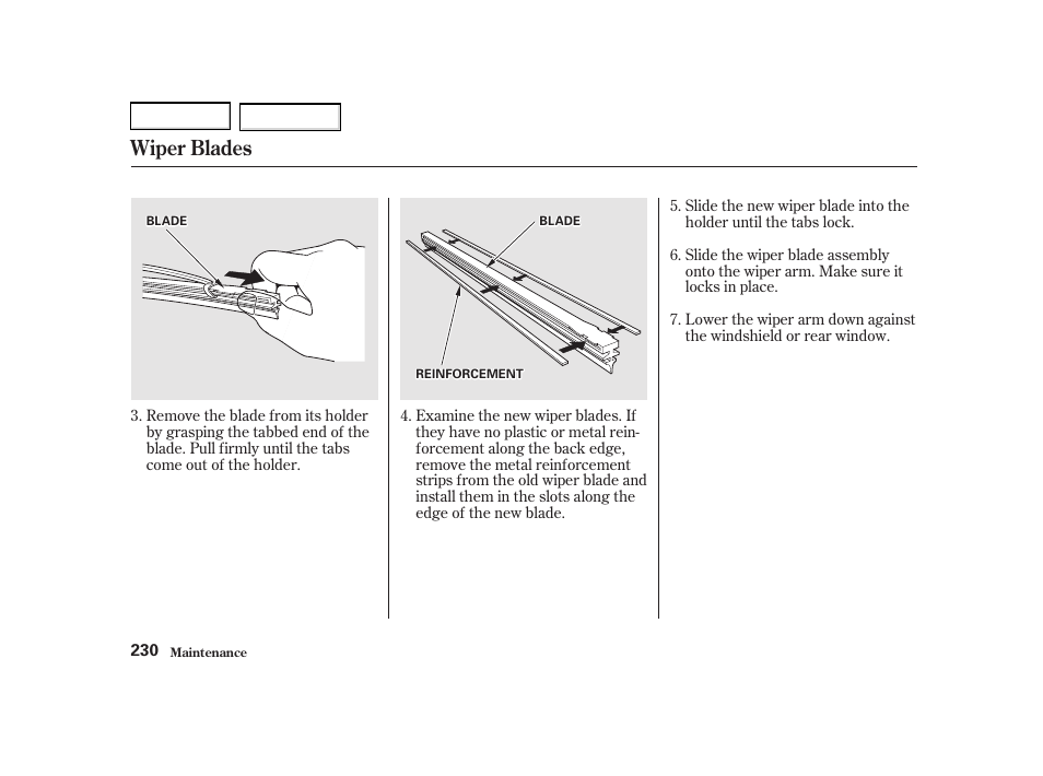 Wiper blades | Acura 2002 RSX - Owner's Manual User Manual | Page 233 / 320