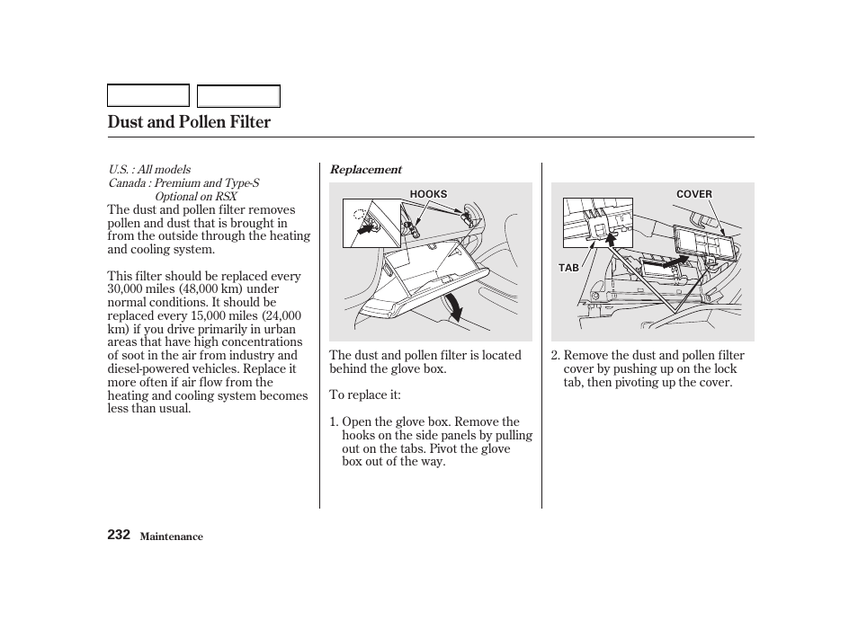 Dust and pollen filter | Acura 2002 RSX - Owner's Manual User Manual | Page 235 / 320