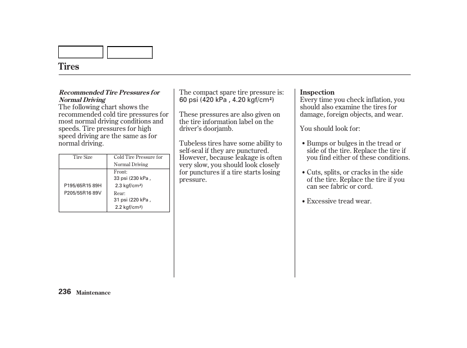 Tires | Acura 2002 RSX - Owner's Manual User Manual | Page 239 / 320