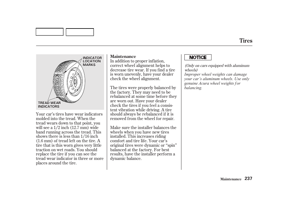 Tires | Acura 2002 RSX - Owner's Manual User Manual | Page 240 / 320