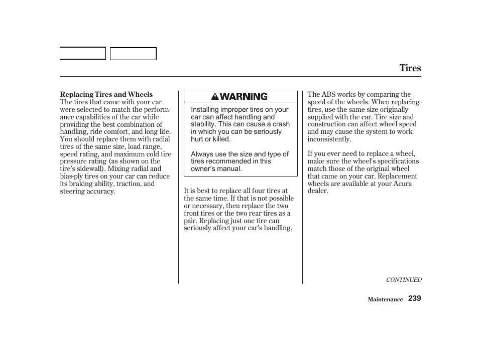 Tires | Acura 2002 RSX - Owner's Manual User Manual | Page 242 / 320