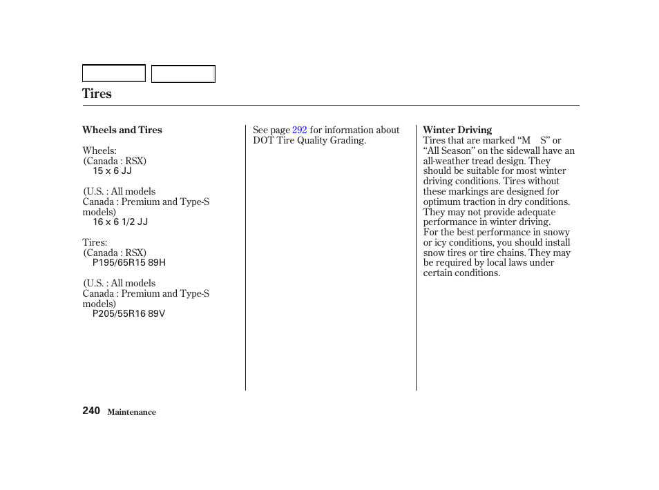 Tires | Acura 2002 RSX - Owner's Manual User Manual | Page 243 / 320