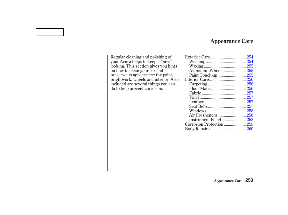 Appearance care | Acura 2002 RSX - Owner's Manual User Manual | Page 256 / 320