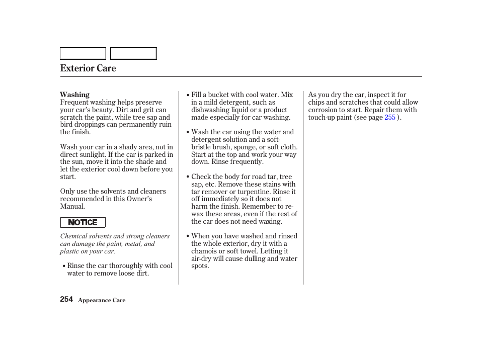 Exterior care | Acura 2002 RSX - Owner's Manual User Manual | Page 257 / 320