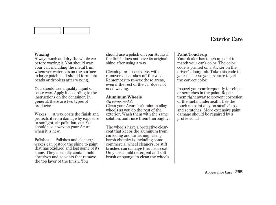 Exterior care | Acura 2002 RSX - Owner's Manual User Manual | Page 258 / 320