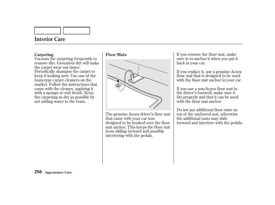 Interior care | Acura 2002 RSX - Owner's Manual User Manual | Page 259 / 320