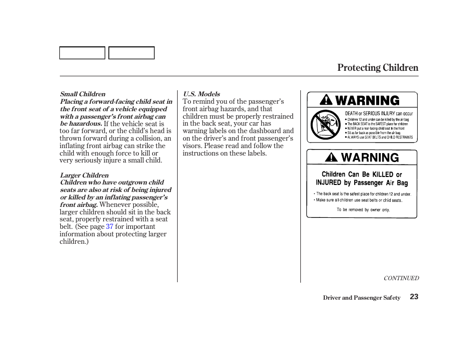 Protecting children | Acura 2002 RSX - Owner's Manual User Manual | Page 26 / 320