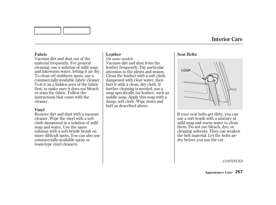 Interior care | Acura 2002 RSX - Owner's Manual User Manual | Page 260 / 320