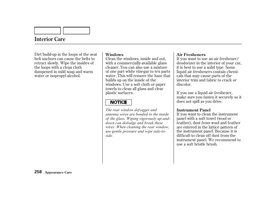 Interior care | Acura 2002 RSX - Owner's Manual User Manual | Page 261 / 320