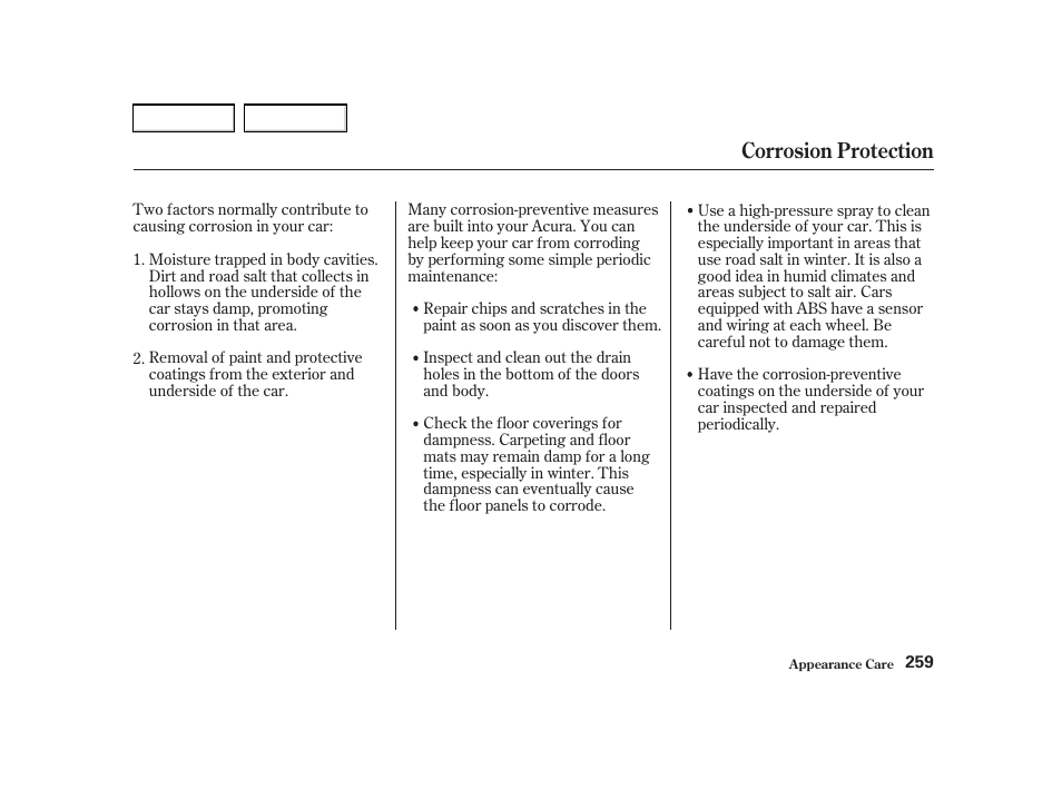 Corrosion protection | Acura 2002 RSX - Owner's Manual User Manual | Page 262 / 320