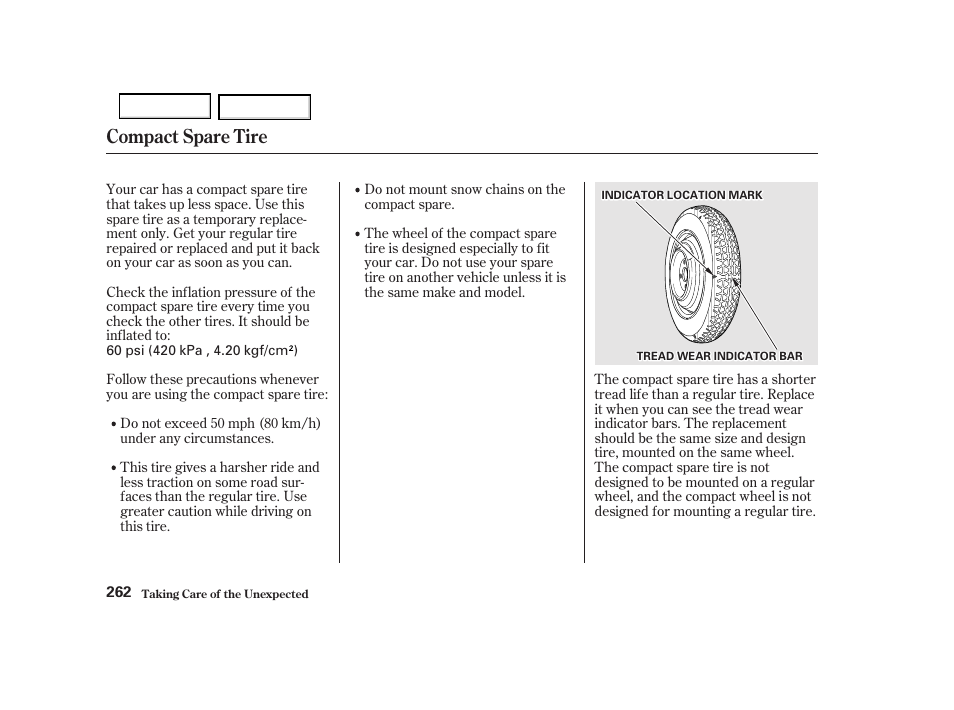 Compact spare tire | Acura 2002 RSX - Owner's Manual User Manual | Page 265 / 320