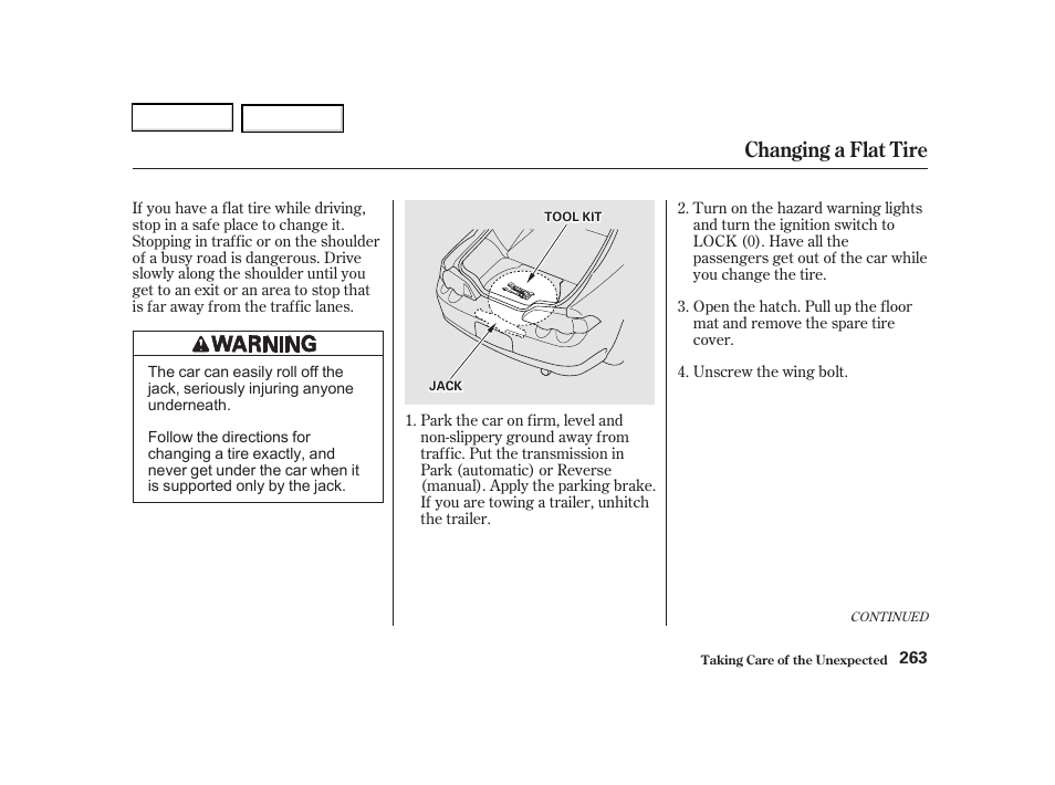 Changing a flat tire | Acura 2002 RSX - Owner's Manual User Manual | Page 266 / 320