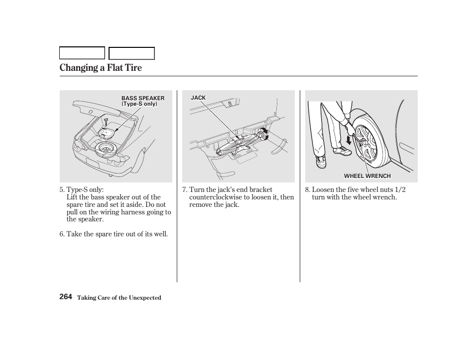 Changing a flat tire | Acura 2002 RSX - Owner's Manual User Manual | Page 267 / 320