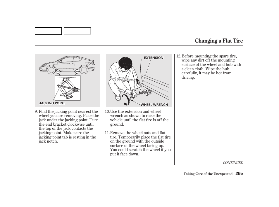 Changing a flat tire | Acura 2002 RSX - Owner's Manual User Manual | Page 268 / 320