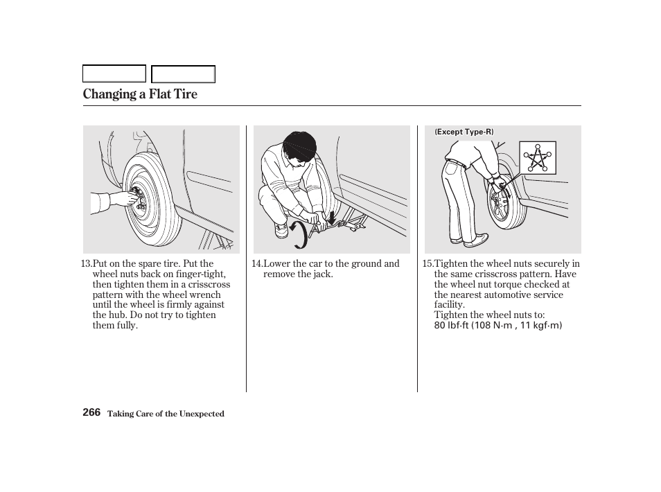 Changing a flat tire | Acura 2002 RSX - Owner's Manual User Manual | Page 269 / 320