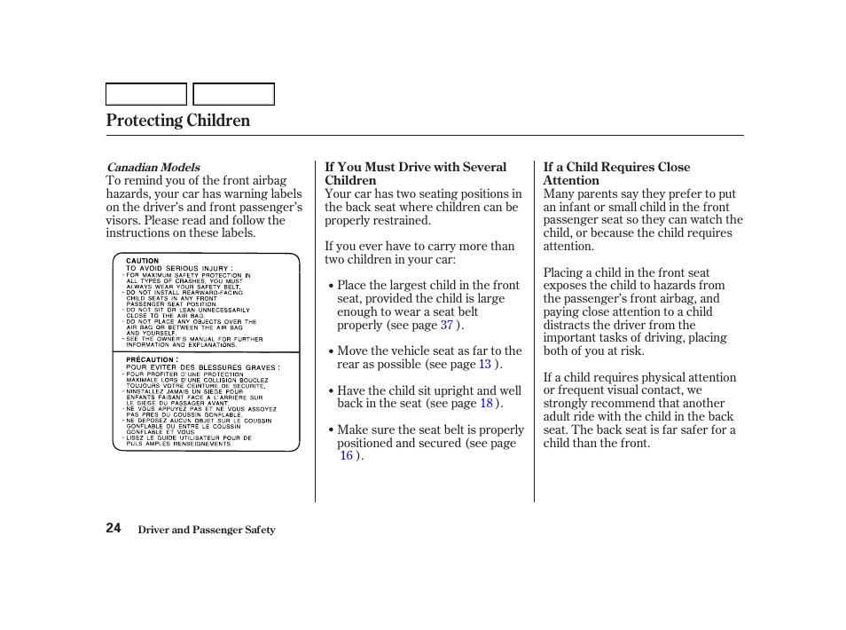 Protecting children | Acura 2002 RSX - Owner's Manual User Manual | Page 27 / 320