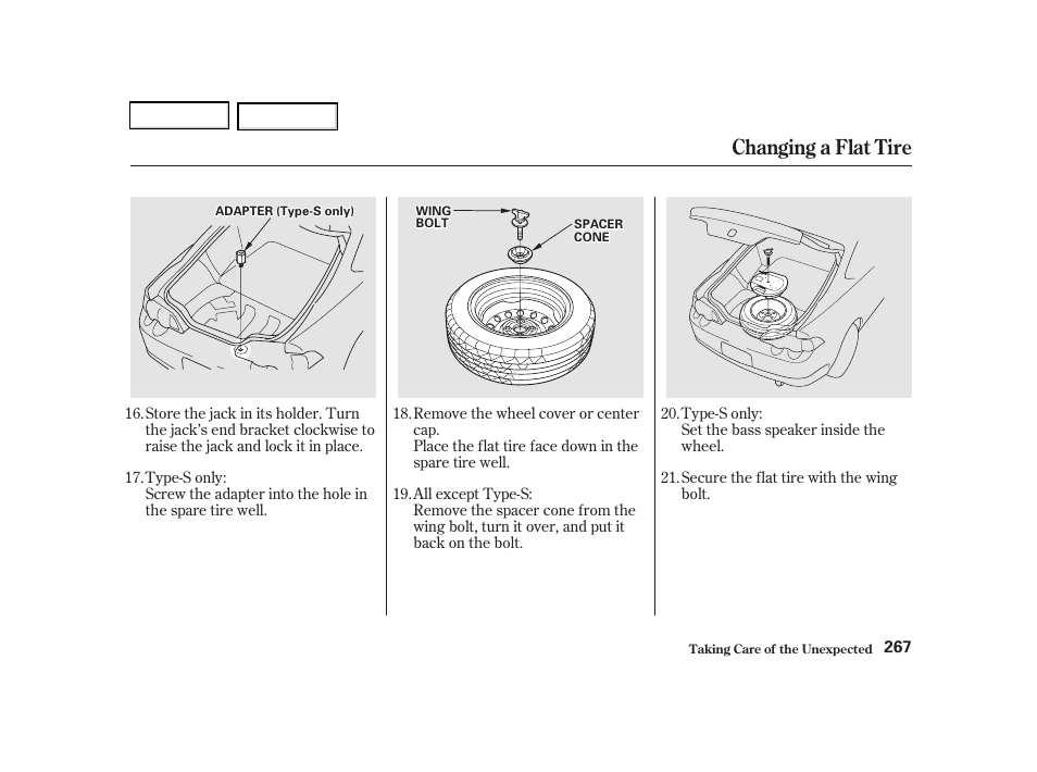Changing a flat tire | Acura 2002 RSX - Owner's Manual User Manual | Page 270 / 320