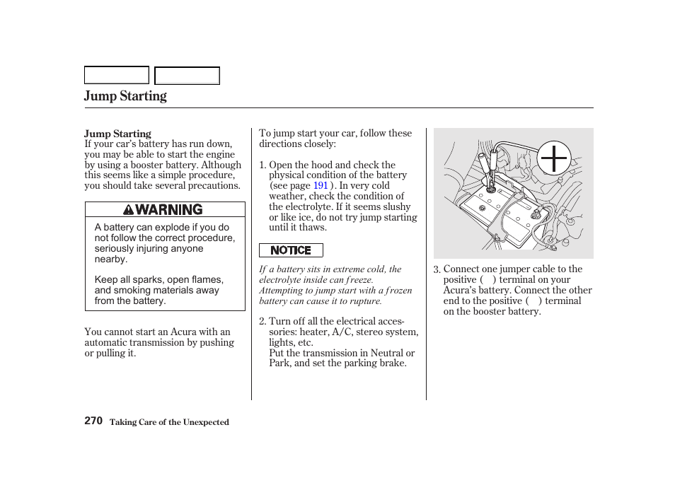 Jump starting | Acura 2002 RSX - Owner's Manual User Manual | Page 273 / 320