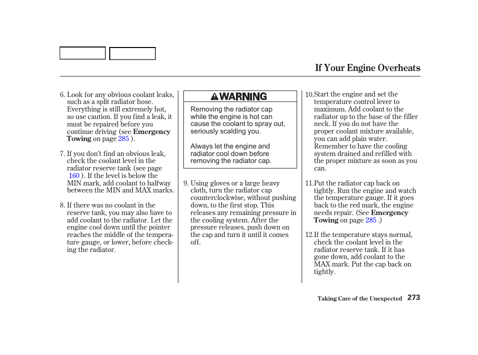 If your engine overheats | Acura 2002 RSX - Owner's Manual User Manual | Page 276 / 320