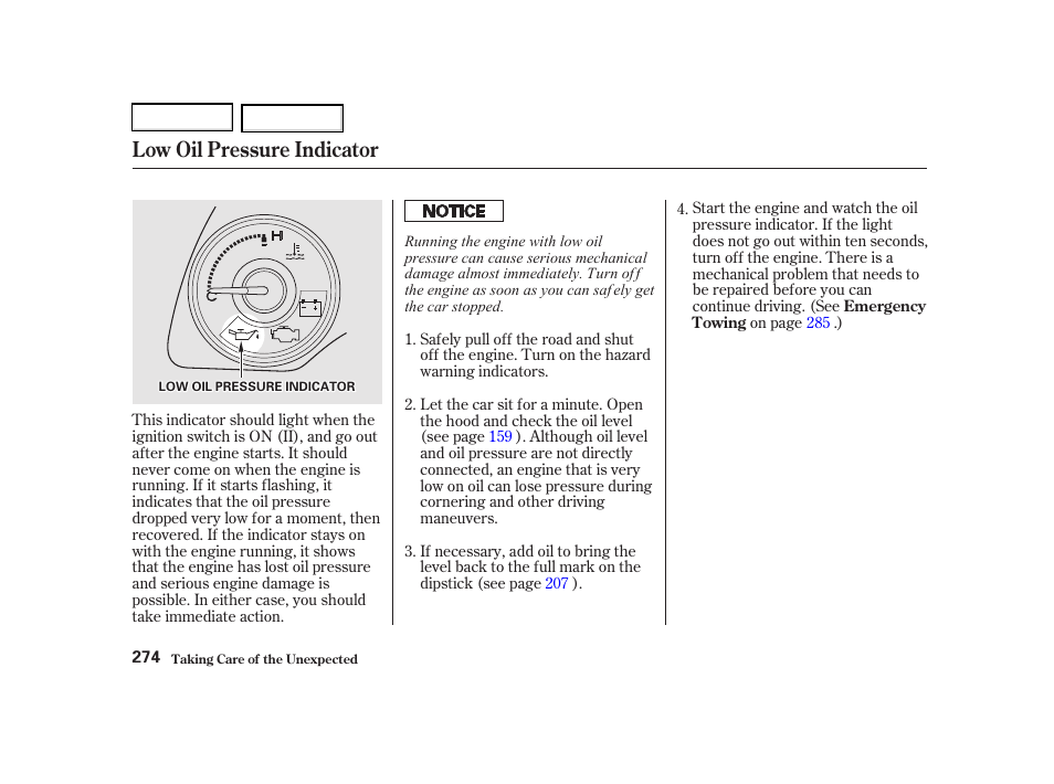 Low oil pressure indicator | Acura 2002 RSX - Owner's Manual User Manual | Page 277 / 320