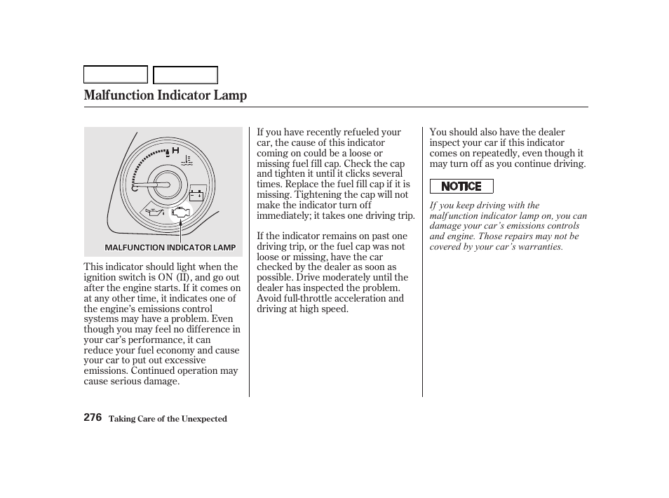 Malfunction indicator lamp | Acura 2002 RSX - Owner's Manual User Manual | Page 279 / 320