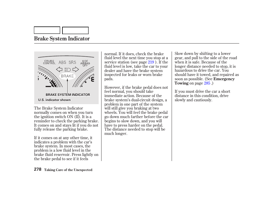 Brake system indicator | Acura 2002 RSX - Owner's Manual User Manual | Page 281 / 320