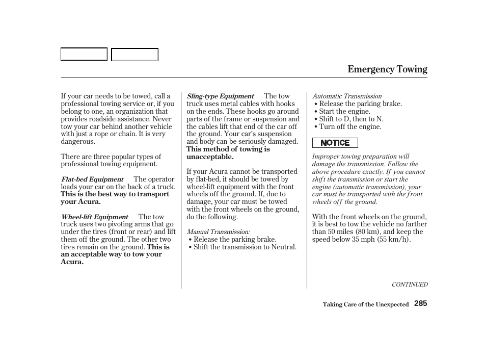 Emergency towing | Acura 2002 RSX - Owner's Manual User Manual | Page 288 / 320