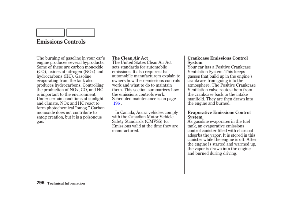 Emissions controls | Acura 2002 RSX - Owner's Manual User Manual | Page 299 / 320