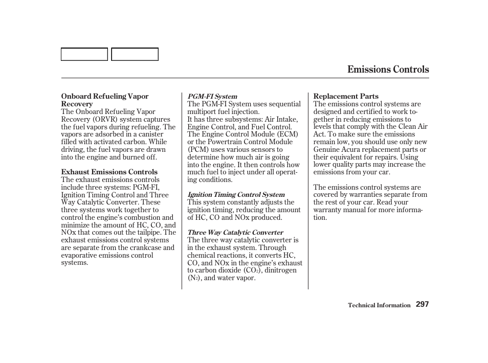 Emissions controls | Acura 2002 RSX - Owner's Manual User Manual | Page 300 / 320