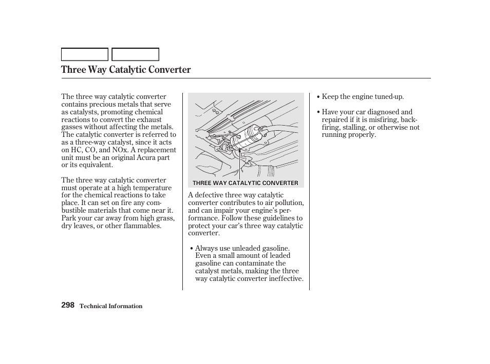 Three way catalytic converter | Acura 2002 RSX - Owner's Manual User Manual | Page 301 / 320