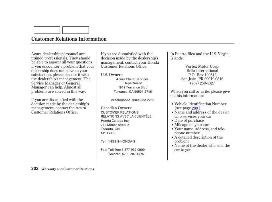 Customer relations information | Acura 2002 RSX - Owner's Manual User Manual | Page 305 / 320