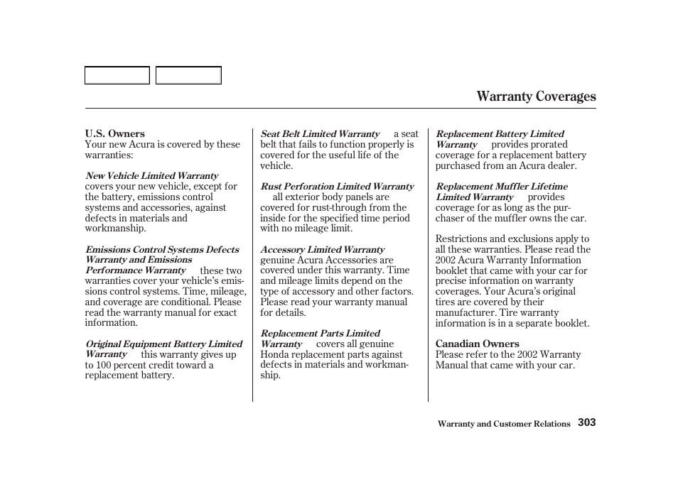 Warranty coverages | Acura 2002 RSX - Owner's Manual User Manual | Page 306 / 320