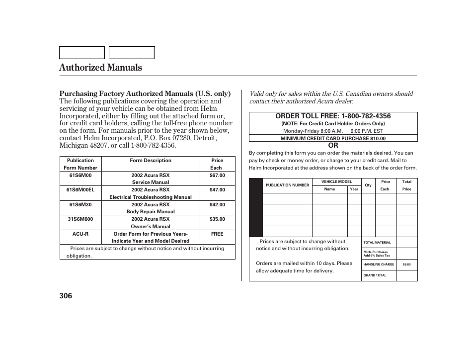 Authorized manuals | Acura 2002 RSX - Owner's Manual User Manual | Page 309 / 320