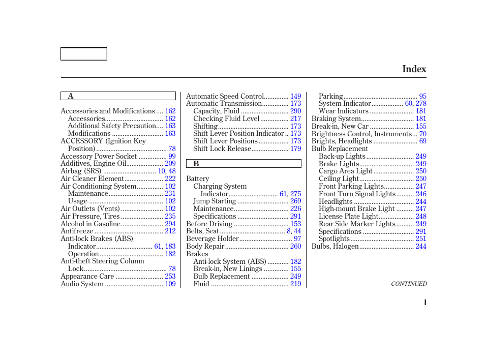 Index | Acura 2002 RSX - Owner's Manual User Manual | Page 311 / 320