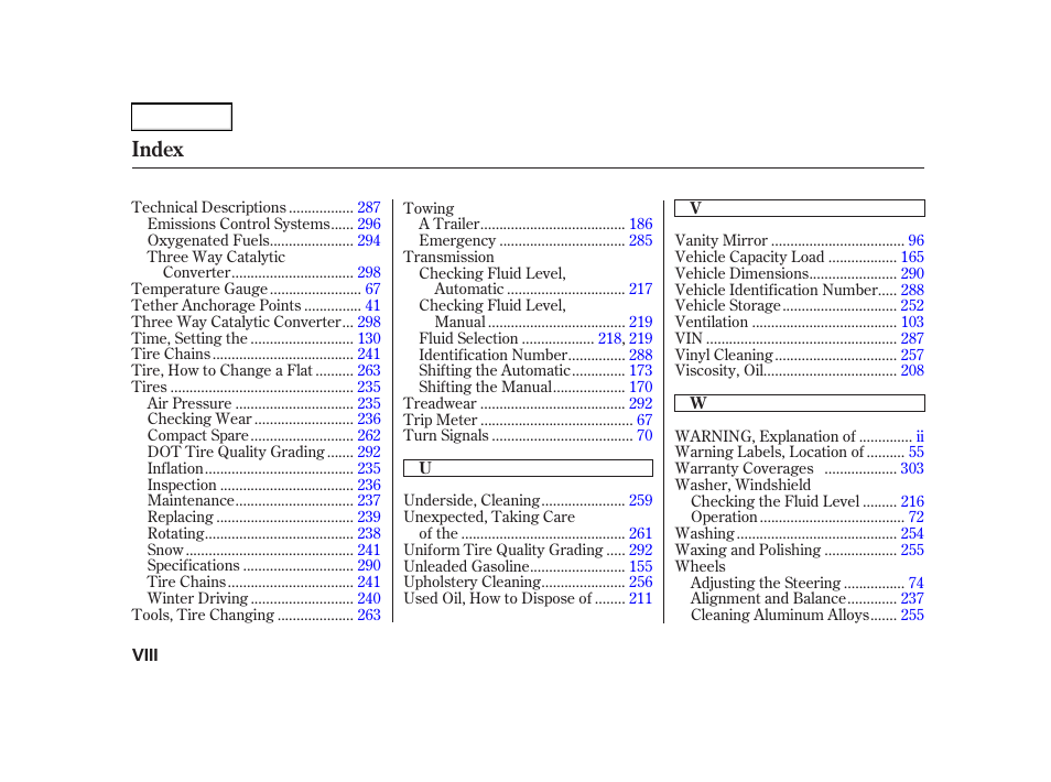 Index | Acura 2002 RSX - Owner's Manual User Manual | Page 318 / 320