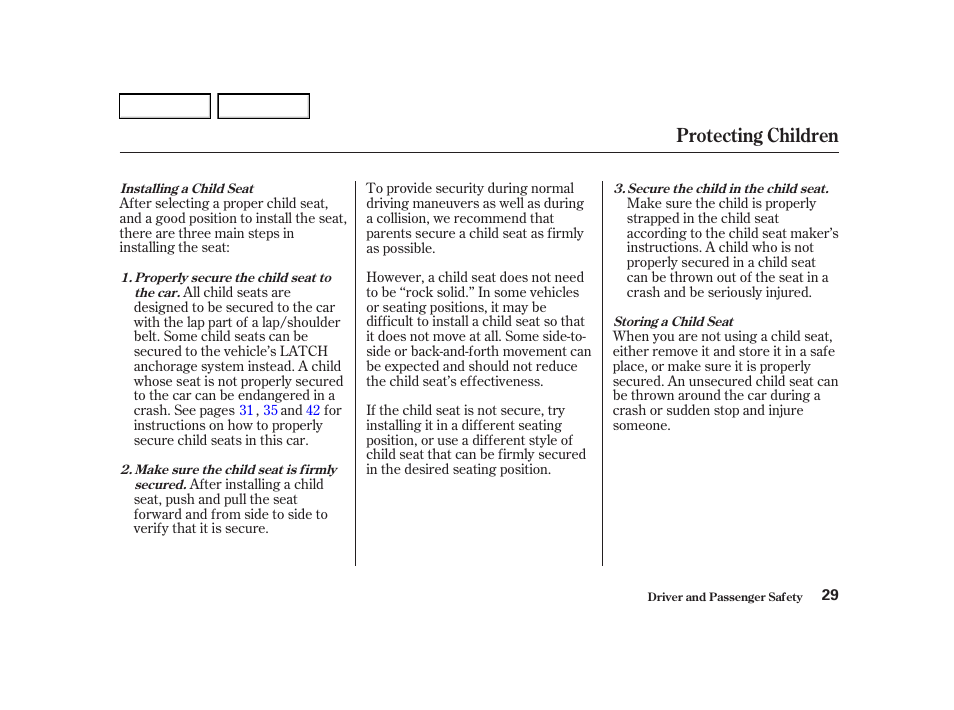 Protecting children | Acura 2002 RSX - Owner's Manual User Manual | Page 32 / 320