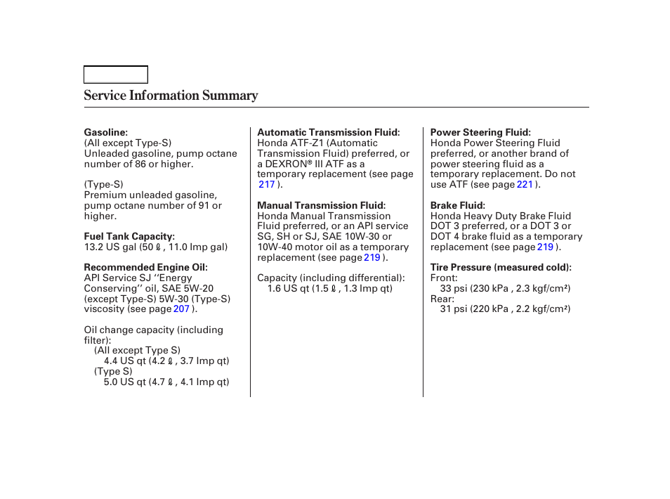 Service information summary | Acura 2002 RSX - Owner's Manual User Manual | Page 320 / 320