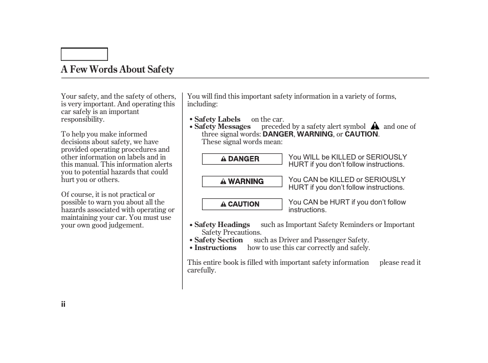 A few words about safety | Acura 2002 RSX - Owner's Manual User Manual | Page 4 / 320