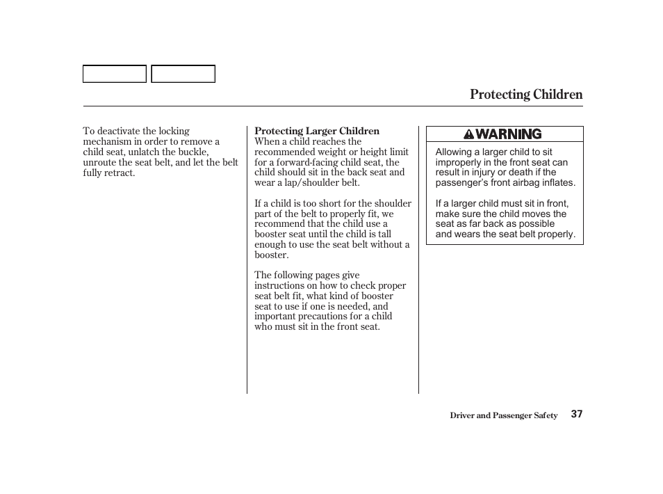 Protecting children | Acura 2002 RSX - Owner's Manual User Manual | Page 40 / 320