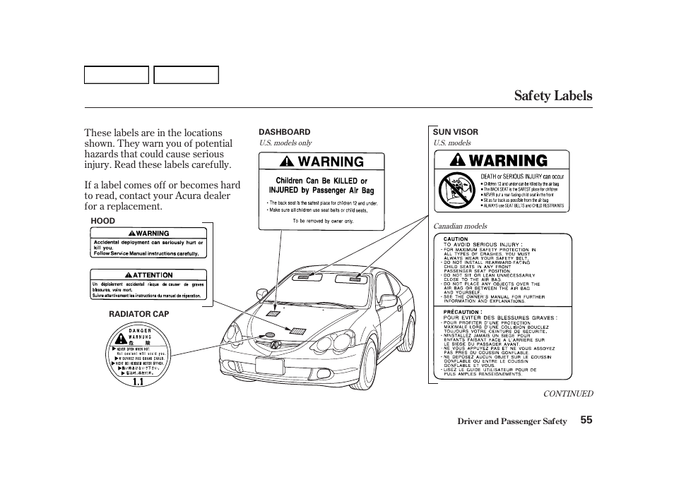 Safety labels | Acura 2002 RSX - Owner's Manual User Manual | Page 58 / 320