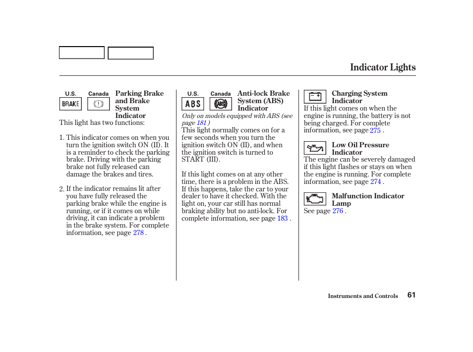 Indicator lights | Acura 2002 RSX - Owner's Manual User Manual | Page 64 / 320