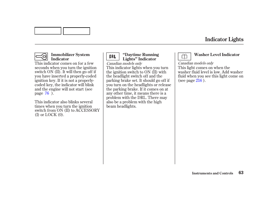 Indicator lights | Acura 2002 RSX - Owner's Manual User Manual | Page 66 / 320
