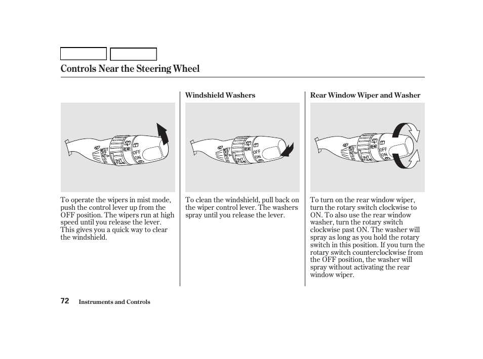 Controls near the steering wheel | Acura 2002 RSX - Owner's Manual User Manual | Page 75 / 320