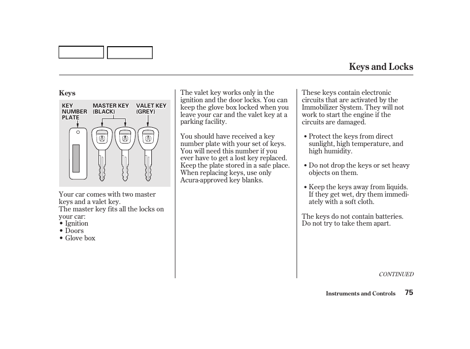 Keys and locks | Acura 2002 RSX - Owner's Manual User Manual | Page 78 / 320